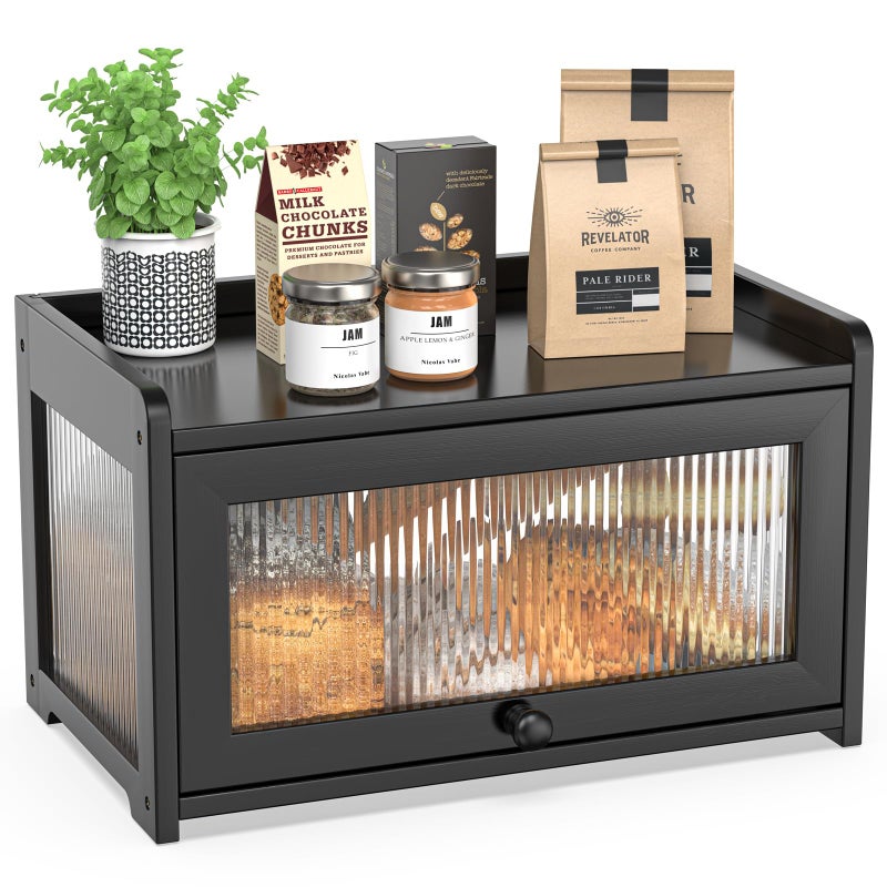 BAMBANG Bamboo Bread Box for Kitchen Counter, Large Capacity Bread Storage Container Farmhouse Bread Box with 3 Sides Wavy & Back Clear Window, Breadbox Bread Bin Holder for Homemade Bread, Black - Image 1