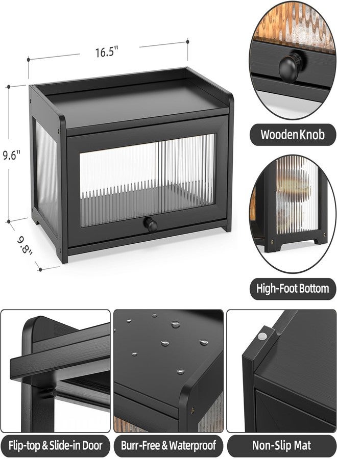 BAMBANG Bamboo Bread Box for Kitchen Counter, Large Capacity Bread Storage Container Farmhouse Bread Box with 3 Sides Wavy & Back Clear Window, Breadbox Bread Bin Holder for Homemade Bread, Black - Image 2