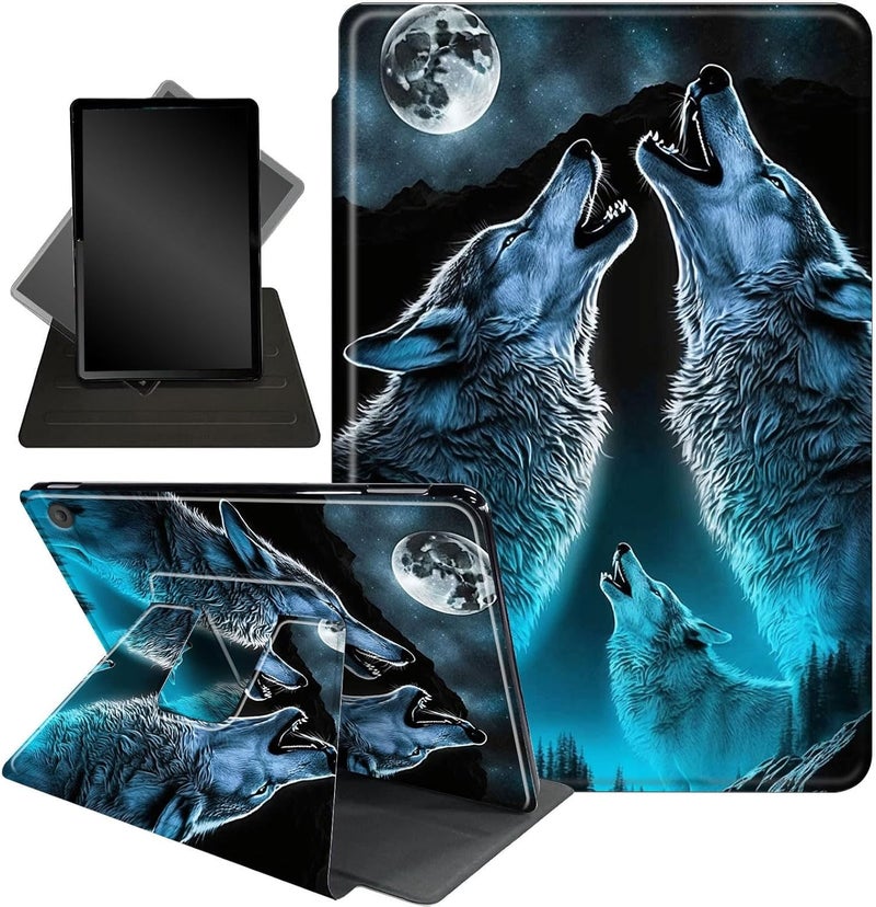غلاف لجهاز All-New Amazon Kindle Fire 7 Tablet (الإصدار الثاني عشر، إصدار 2022)، غلاف لجهاز Fire 7 Tablet، حامل ذكي واقي قابل للدوران 360 درجة، لجهاز Fire 7 2022 Tablet (شاشة 7 بوصة)، تصميم Howling Wolf/Moon - Image 1
