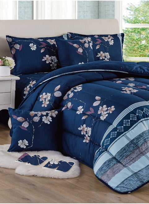 Bed In A Bag Medium Filling King Size Comforter Set, 10 Pcs Floral Bedding Set Size 220 X 240 Cm with Comforter, Quilted Bed Skirt, Pillowcases, Cushion & Bedroom Slipper, Multicolor