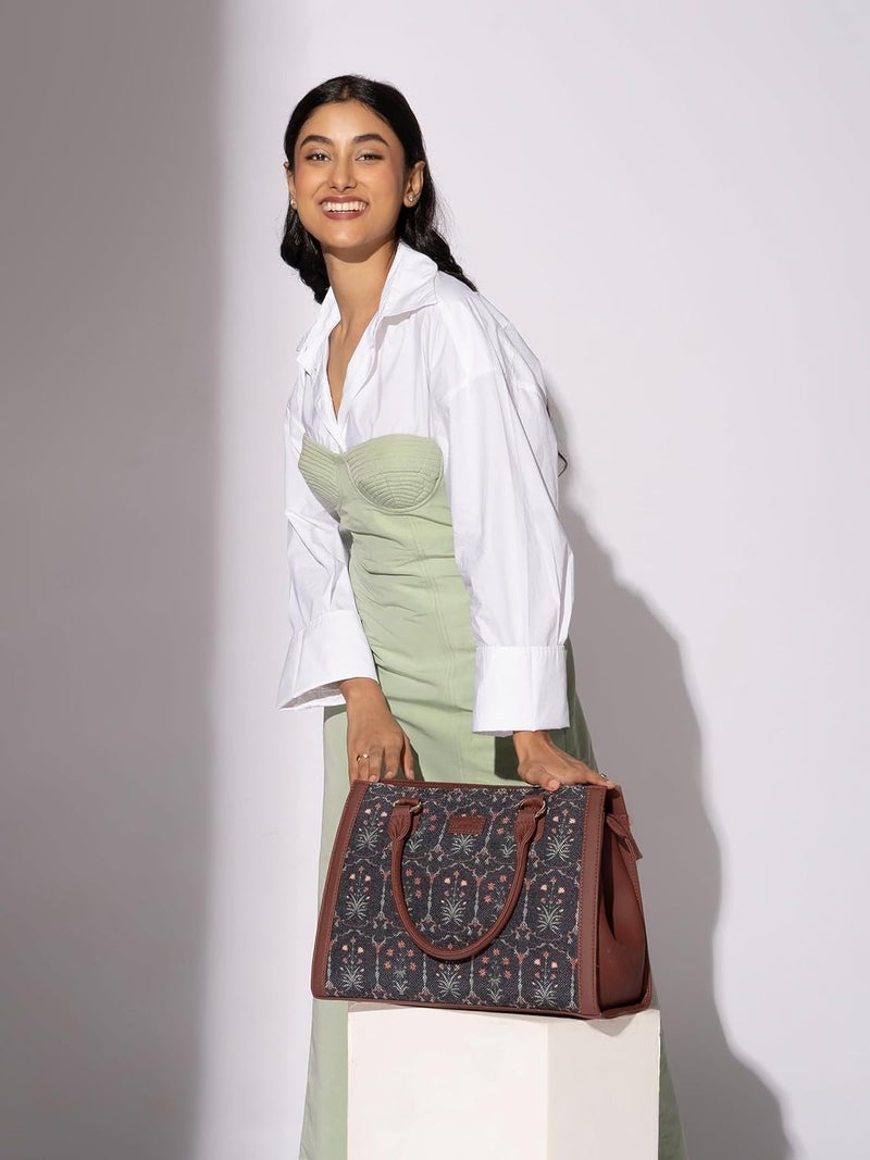 ZOUK Printed Jute Handcrafted Vegan Leather Multicolor Women's Satchel Bag | Ladies Purse Handbag | Double Handle Detachable Strap - Image 2