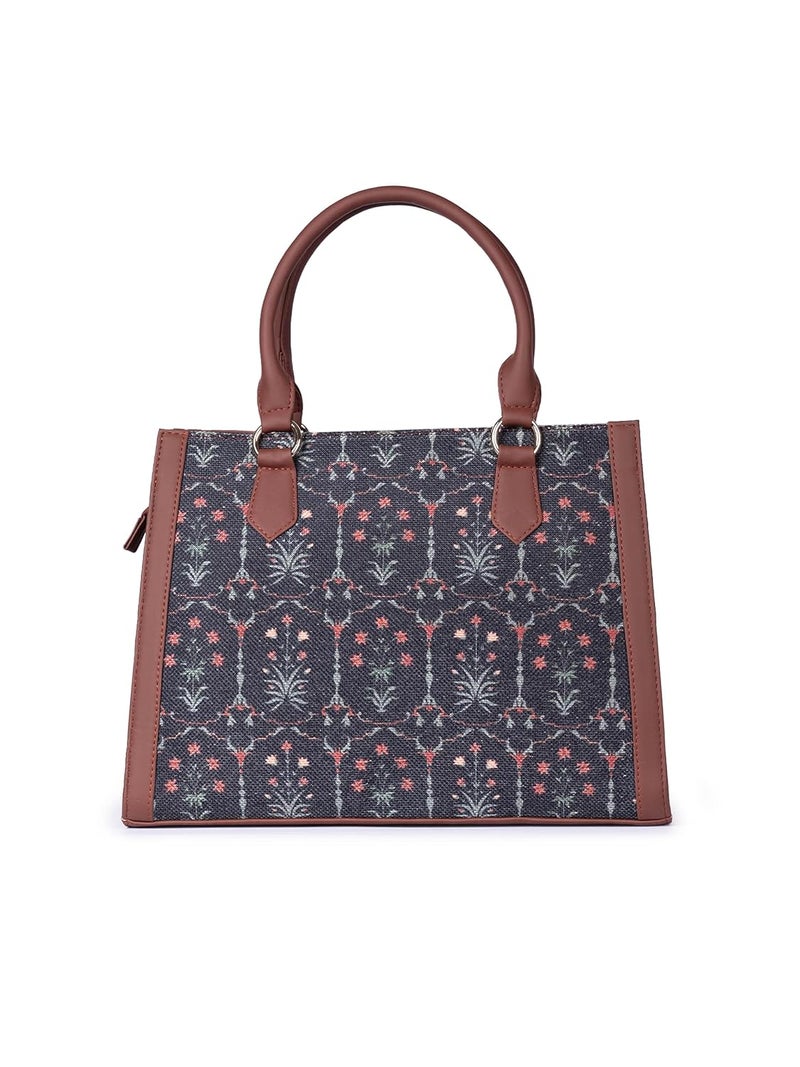 ZOUK Printed Jute Handcrafted Vegan Leather Multicolor Women's Satchel Bag | Ladies Purse Handbag | Double Handle Detachable Strap - Image 4
