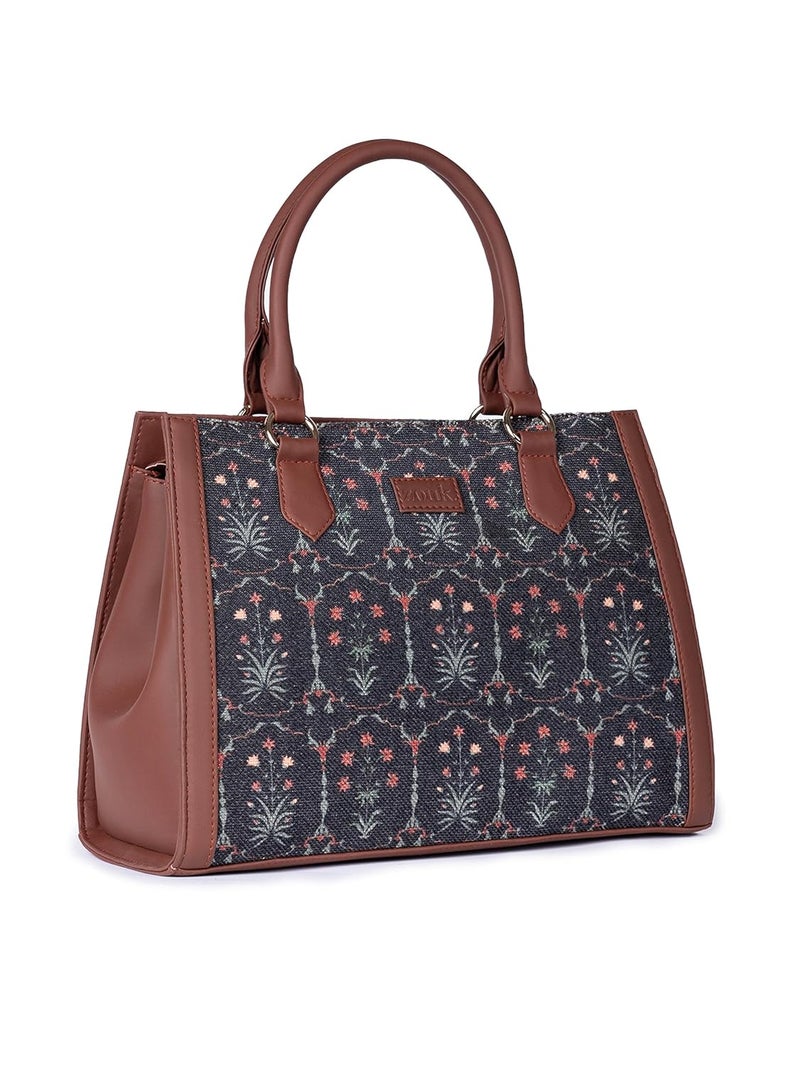 ZOUK Printed Jute Handcrafted Vegan Leather Multicolor Women's Satchel Bag | Ladies Purse Handbag | Double Handle Detachable Strap - Image 3