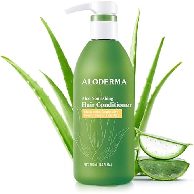 Aloderma بلسم شعر مغذي بالألوة مصنوع من ألوة فيرا عضوية طازجة للشعر الجاف والتالف - يرطب ويغذي الشعر وفروة الرأس بعمق، مما يجعله ناعماً ومنعشاً - زيت بذور الكرنب - 16 أونصة - Image 1