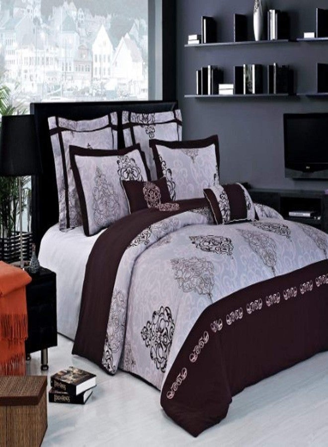 sheetsnthings Embroidered Gizelle 210-Thread-Count, 100-Percent Cotton 7PC Full-Queen Duvet Cover Set, Brown, Light Pink and Grey - Image 2