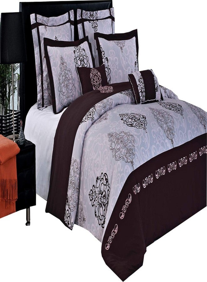 sheetsnthings Embroidered Gizelle 210-Thread-Count, 100-Percent Cotton 7PC Full-Queen Duvet Cover Set, Brown, Light Pink and Grey - Image 1