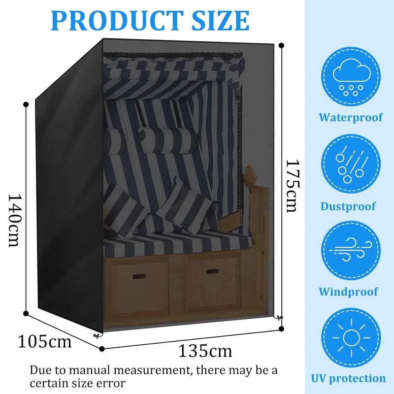 OFFCUP Protective Cover for Beach Chair, 210D Oxford Fabric 135 x 105 x 175/140 cm Outdoor Beach Chair Cover with Zip UV Resistant for Balcony Chairs (Black) - Image 2
