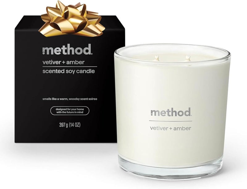 Method Premium Soy Candle, Vetiver + Amber, 2 Wick, Recyclable Jar, Up to 50 Hours Burn Time, 14 oz