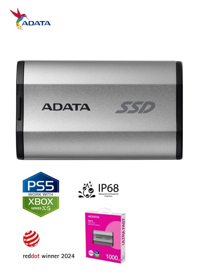 أداتا SD810 1000 جيجابايت IP68 مقاومة للماء حتى 2000 ميجابايت/ثانية USB 3.2 Gen 2 USB-C 1 تيرابايت محرك أقراص الحالة الصلبة الخارجي | آيفون 15/16/برو/ماكس، أندرويد PS5 وXBOX | فضي  - Image 1