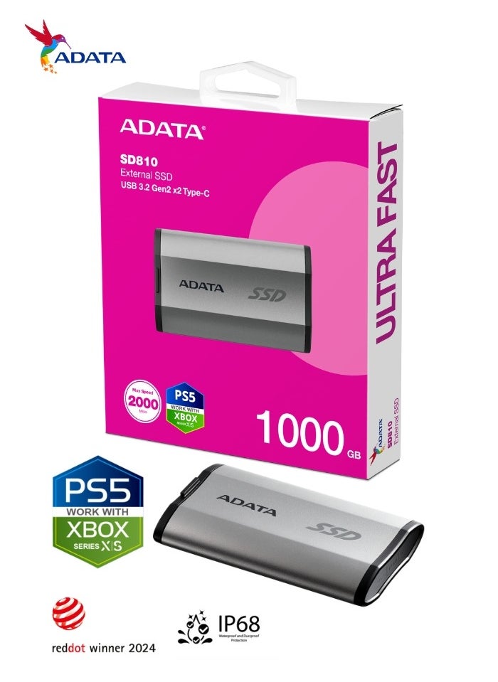 أداتا SD810 1000 جيجابايت IP68 مقاومة للماء حتى 2000 ميجابايت/ثانية USB 3.2 Gen 2 USB-C 1 تيرابايت محرك أقراص الحالة الصلبة الخارجي | آيفون 15/16/برو/ماكس، أندرويد PS5 وXBOX | فضي  - Image 2