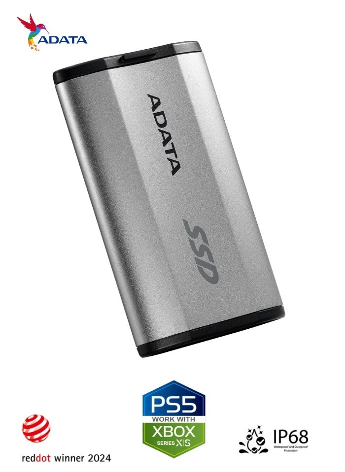 أداتا SD810 1000 جيجابايت IP68 مقاومة للماء حتى 2000 ميجابايت/ثانية USB 3.2 Gen 2 USB-C 1 تيرابايت محرك أقراص الحالة الصلبة الخارجي | آيفون 15/16/برو/ماكس، أندرويد PS5 وXBOX | فضي  - Image 3