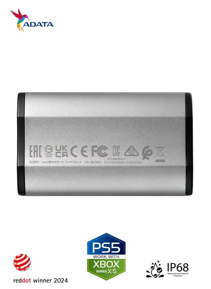 أداتا SD810 1000 جيجابايت IP68 مقاومة للماء حتى 2000 ميجابايت/ثانية USB 3.2 Gen 2 USB-C 1 تيرابايت محرك أقراص الحالة الصلبة الخارجي | آيفون 15/16/برو/ماكس، أندرويد PS5 وXBOX | فضي  - Image 4
