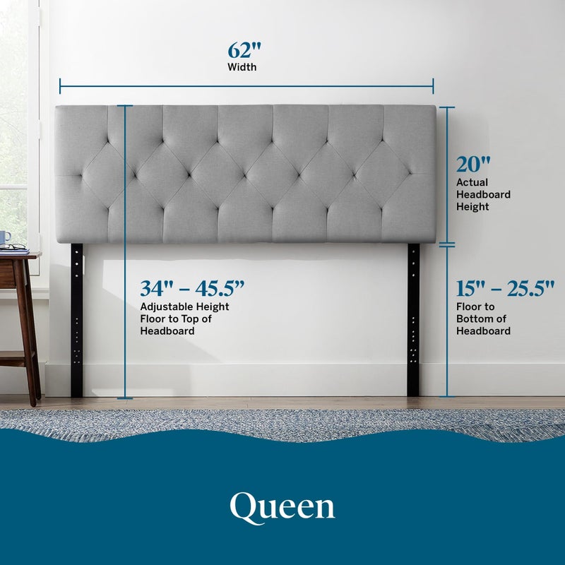 Lucid Mid-Rise Upholstered Headboard - Diamond Tufted - Padded Polyester - Adjustable Height from 34â€ to 46â€ - Easy Assembly - Bed Frame or Wall Mount - Sturdy - Stone - Queen Size - Image 2