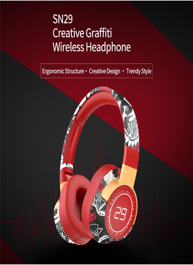 SOYTO Bluetooth Headphones Over The Ear, Graffiti Wired/Wireless Headphones with Microphone-Soft Ear Cushions, Foldable Hi-Fi Stereo Sound Bluetooth Headsets for Pad Laptop PC Cellphone (Red)  - Image 3