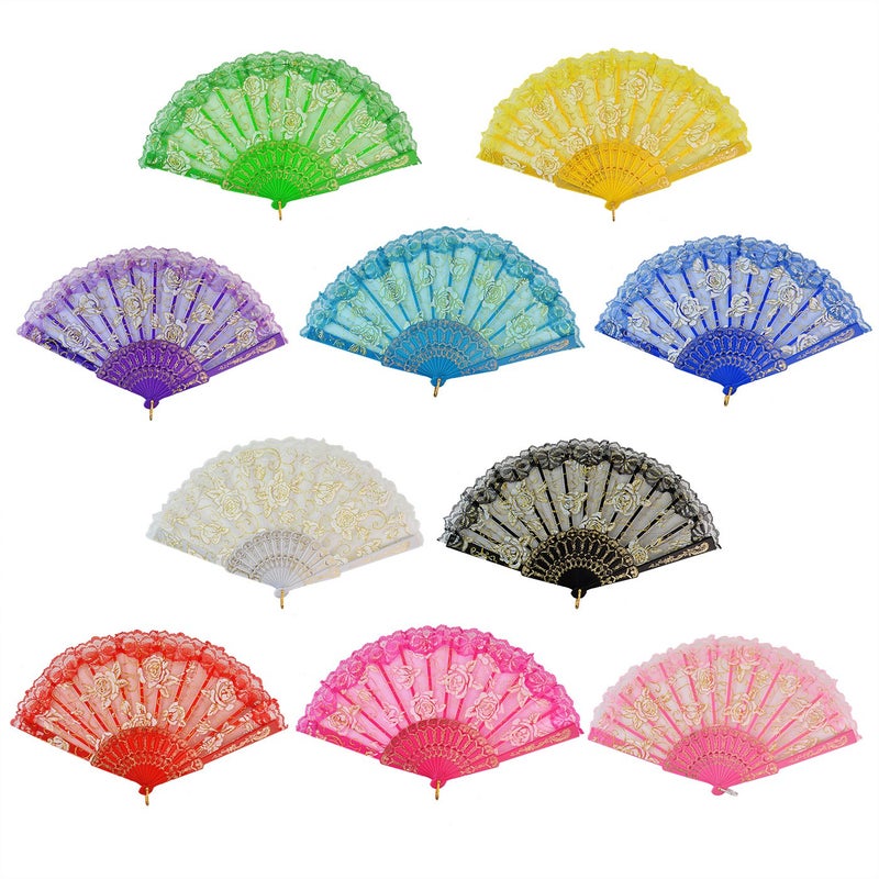 Rbenxia Elegant Rose Lace Floral Folding Hand Fans 9 Inch 10 Pieces Random Color Suitable For Wedding Dancing Church Party Gifts