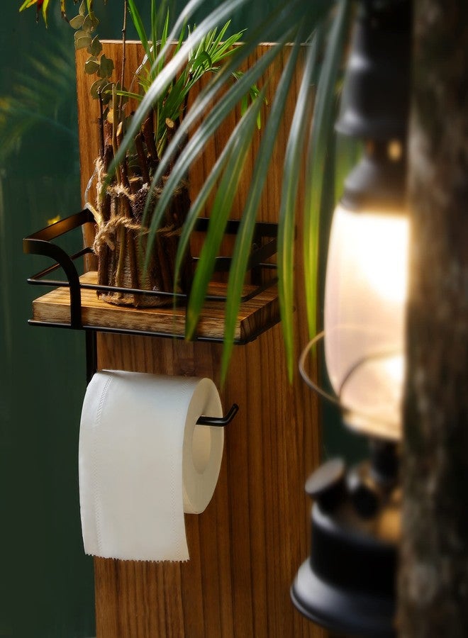 AIDILI Rustic Farmhouse Toilet Paper Holder with Shelf - Farmhouse Bathroom Rustic Country Decor - Rustic Bathroom Accessories with Warm Brown Wood Shelf for Wipes&Cell Phone&Reading, Black Metal - Image 2