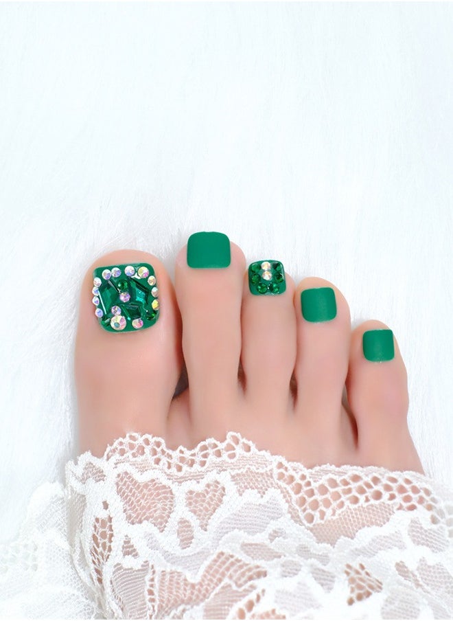 NIBEMINENT 24Pcs Fake Toenails, Press Toenails,12 Size In Box,Short-length Manicure,Green Solid Color Shiny Nail Art,Diamond&Circle Zircon,Fake Nail Patch  - Image 1