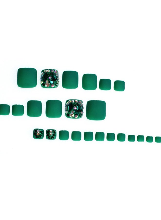 NIBEMINENT 24Pcs Fake Toenails, Press Toenails,12 Size In Box,Short-length Manicure,Green Solid Color Shiny Nail Art,Diamond&Circle Zircon,Fake Nail Patch  - Image 4