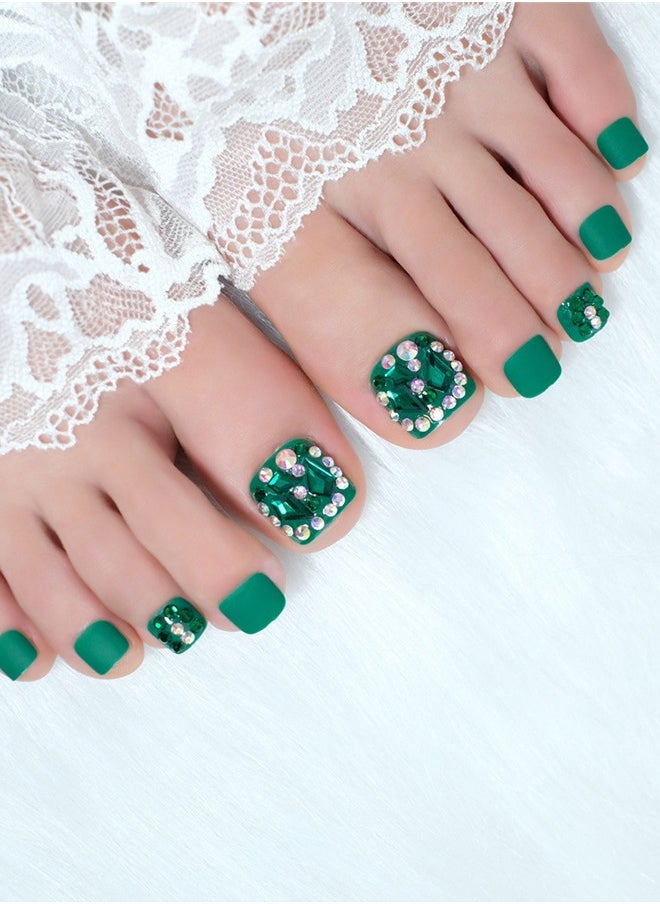 NIBEMINENT 24Pcs Fake Toenails, Press Toenails,12 Size In Box,Short-length Manicure,Green Solid Color Shiny Nail Art,Diamond&Circle Zircon,Fake Nail Patch  - Image 2