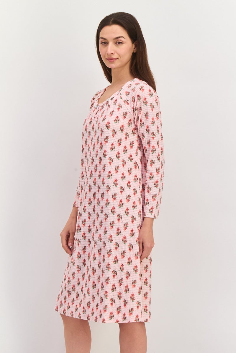 Carole Hochman فستان بيجاما طويل بأكمام طويلة مطبوعة للنساء، مجموعة وردية - Image 3