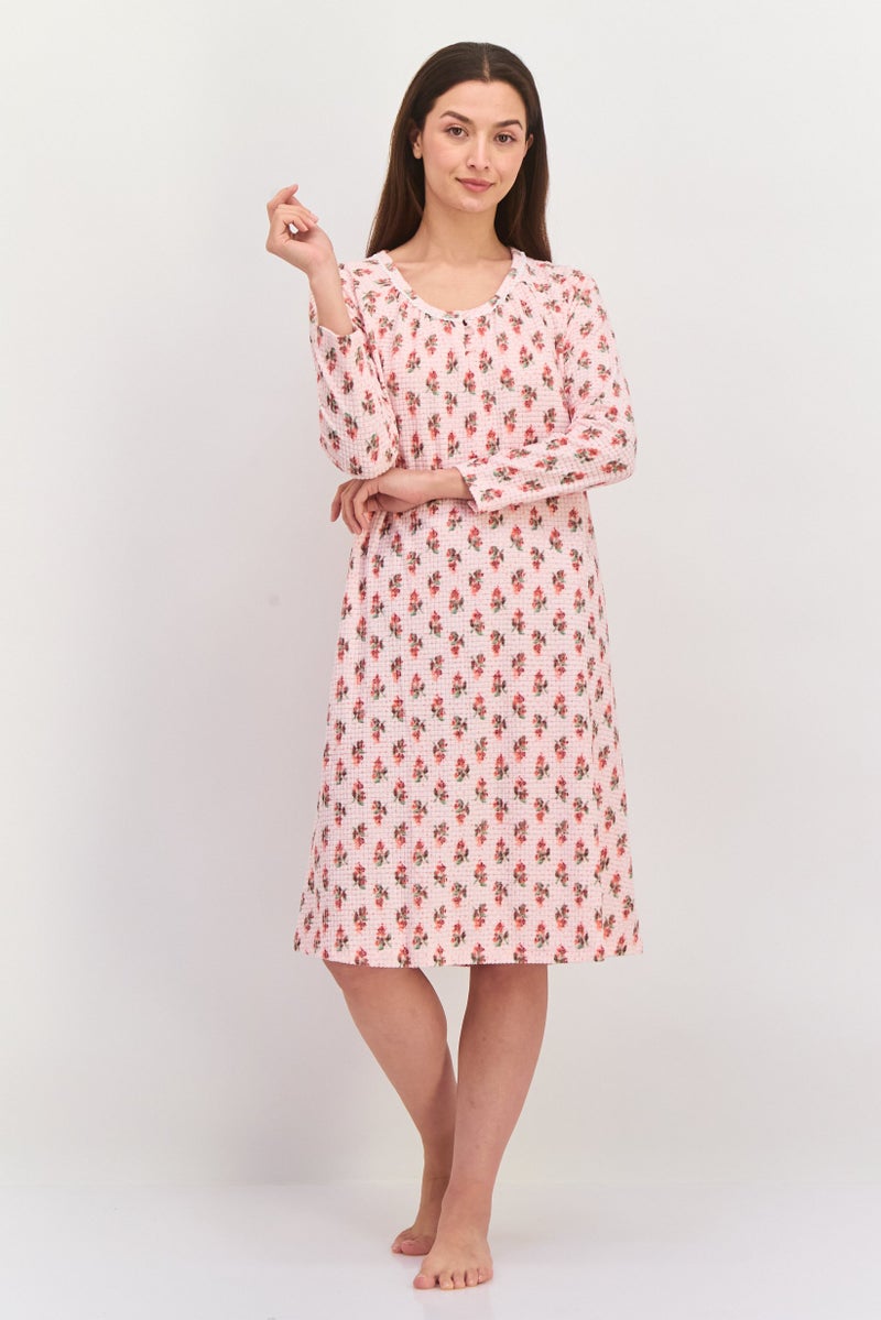 Carole Hochman فستان بيجاما طويل بأكمام طويلة مطبوعة للنساء، مجموعة وردية - Image 1