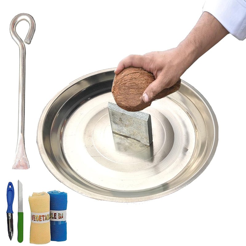 SAI PRASEEDA Heavy Duty 100 Pure Stainless Steel 1 Coconut BreakerCoconut Cracker with Metal Rod Opener 1 Knife 1 Peeler 2 Vegetable net SPE31