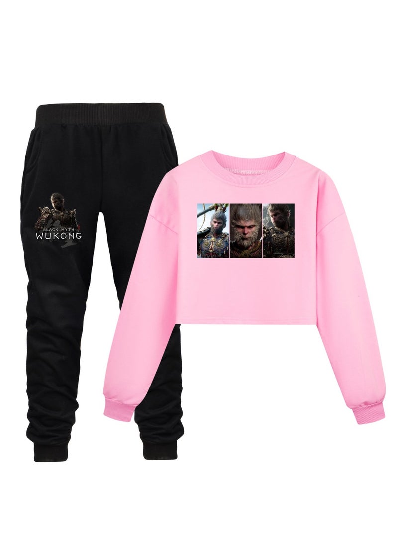 MQD Black-Myth Wukong Girl Half Waist Loose Hoodie Sports and Leisure Set 