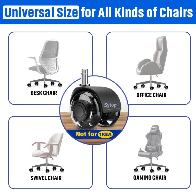 Sytopia Office Chair Wheels 2" Desk Chair Caster Wheels Smooth Roller Style Quiet for Carpet and Hardwood Floors Universal Fit 11x22 mm Set of 5 Black - Image 2