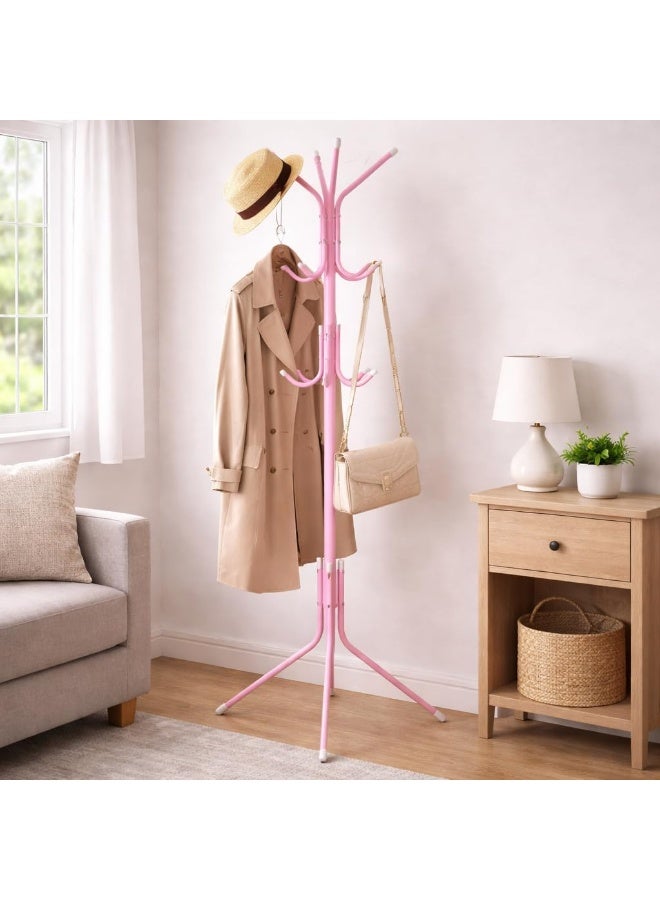 رف قائم بذاته، عملي، مصنوع من المعدن، حامل معاطف بستة خطافات، منظم أرضي لغرفة النوم، غرفة المعيشة، المكتب، المدخل، لتعليق الملابس والقبعات والحقائب والسترات، صغير الحجم وموفر للمساحة، 42 × 165 سم (وردي) - Image 2