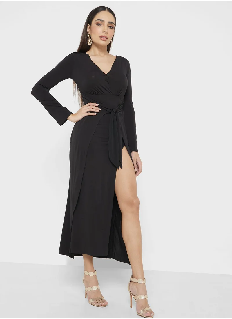 John Zack V- Neck Side Slit Tie Detail Dress