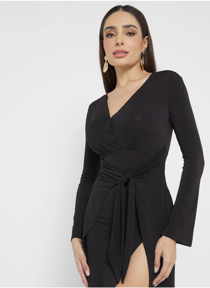 John Zack V- Neck Side Slit Tie Detail Dress