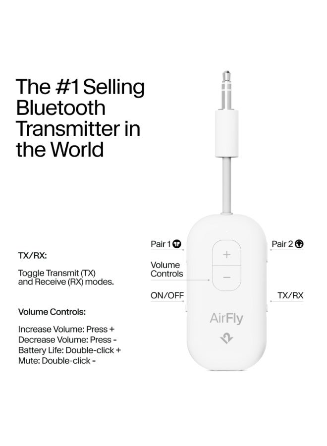 twelve south Airfly PRO 2 Bluetooth Transmitter & Receiver | 2x Device Connection, Volume Control, 25+Hrs Playtime, for In-Flight Console,TVs, Works w/ Apple Airpods & All Bluetooth Headphones - White  - Image 3
