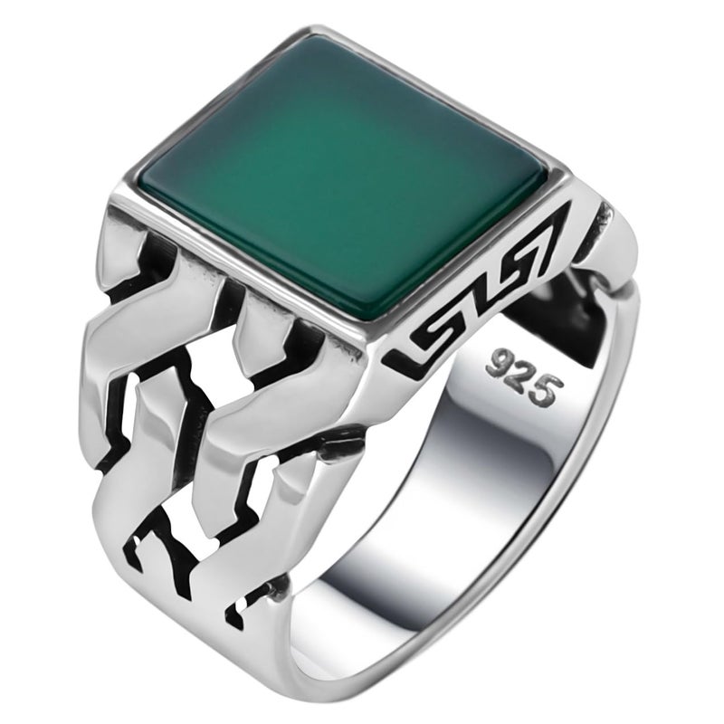 Babylon Silver Men's Green Agate Ring in Solid Genuine 925 Sterling Silver Handmade Cuban Link Chain Motif Braided Ring (Green Agate, 14) - Image 3