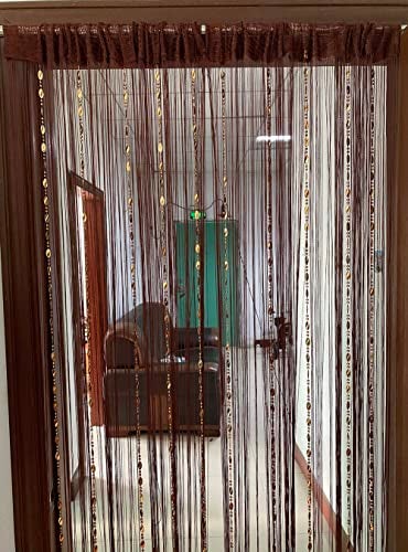 ZiDeTang ستارة باب زيدتانغ مزينة بالأزرار مع خيوط مزخرفة لفصل غرفة المعيشة (39.30" × 78.50"، بني) - Image 2