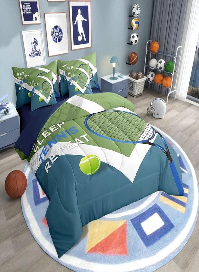 Man Fei Sports Tennis Comforter Set for Kids Room Decor,Modern Fashion Ball Game Bedding Set Full Size 7 Pcs,Tennis Racket Print Bed in a Bag with Comforter, Sheets, Pillowcases & Cushion Cover - Image 2