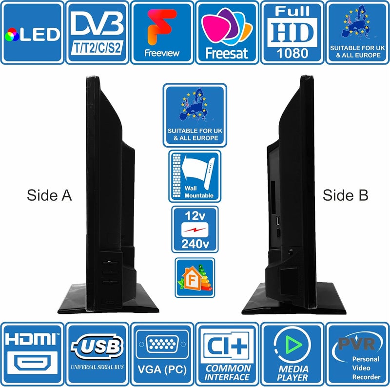 تلفزيون إيستار 22 بوصة LED رقمي عالي الوضوح كامل 1080p بجهد 12 فولت مع DVB-T2 /C/S2 لفريفيو، فريسات أو تلفزيون الكابل. مزود بـ USB PVR & مشغل الوسائط، VGA & HDMI، شاشة كمبيوتر، للمنازل المتنقلة، الكرفانات، القوارب، المطبخ (تلفزيون) - Image 3