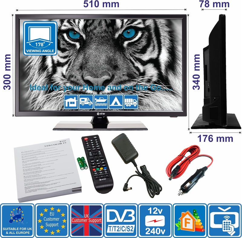 تلفزيون إيستار 22 بوصة LED رقمي عالي الوضوح كامل 1080p بجهد 12 فولت مع DVB-T2 /C/S2 لفريفيو، فريسات أو تلفزيون الكابل. مزود بـ USB PVR & مشغل الوسائط، VGA & HDMI، شاشة كمبيوتر، للمنازل المتنقلة، الكرفانات، القوارب، المطبخ (تلفزيون) - Image 5