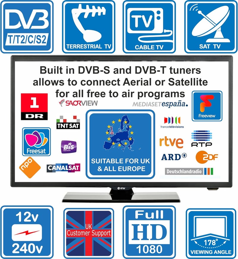 تلفزيون إيستار 22 بوصة LED رقمي عالي الوضوح كامل 1080p بجهد 12 فولت مع DVB-T2 /C/S2 لفريفيو، فريسات أو تلفزيون الكابل. مزود بـ USB PVR & مشغل الوسائط، VGA & HDMI، شاشة كمبيوتر، للمنازل المتنقلة، الكرفانات، القوارب، المطبخ (تلفزيون) - Image 2