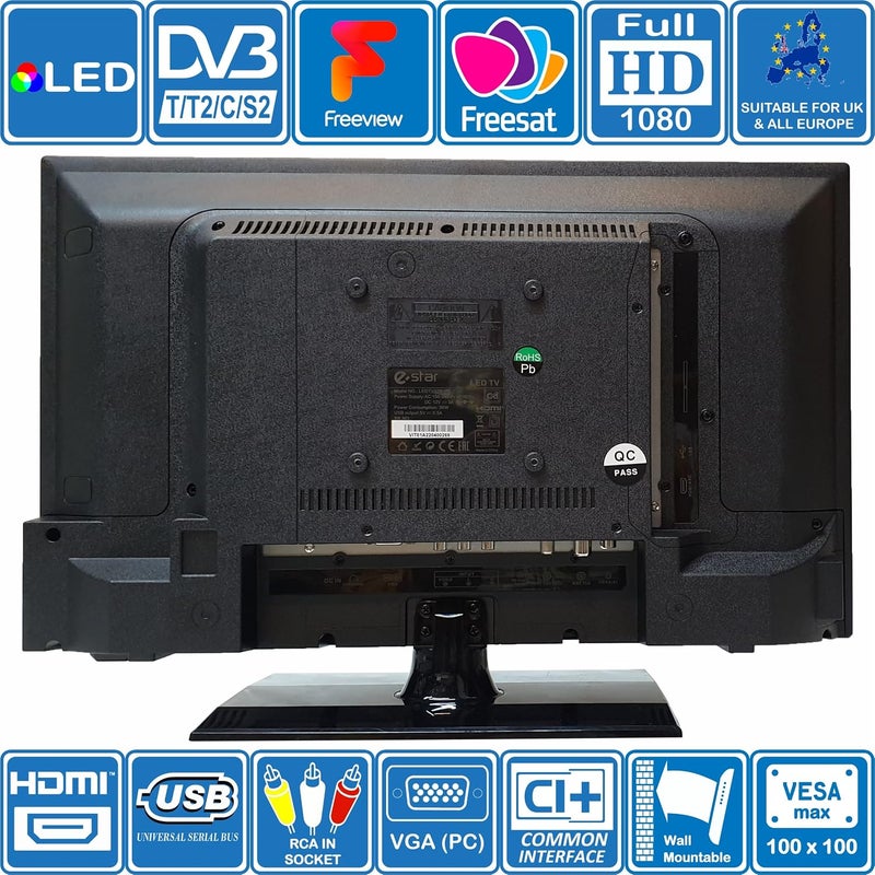 تلفزيون إيستار 22 بوصة LED رقمي عالي الوضوح كامل 1080p بجهد 12 فولت مع DVB-T2 /C/S2 لفريفيو، فريسات أو تلفزيون الكابل. مزود بـ USB PVR & مشغل الوسائط، VGA & HDMI، شاشة كمبيوتر، للمنازل المتنقلة، الكرفانات، القوارب، المطبخ (تلفزيون) - Image 4