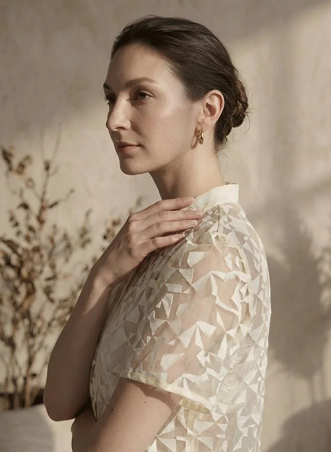 Mish Cream Mandarin Collar Geometric Sheer Shirt