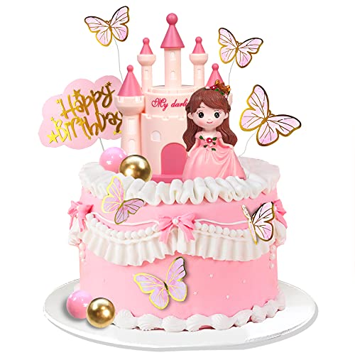 DRWATE 19 PCS Princess Cake Topper Castle Cake Decoration with Butterflies and Balls for Princess Birthday Supplies Pink - Image 1