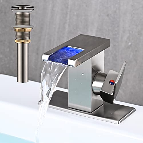 AVSIILE LED Bathroom Sink Faucet, Brushed Nickel Waterfall Single Hole Handle Vanity Faucets for Sinks 1 Hole with Metal Pop Up Drain and 2 Water Supply Lines, Side Handle - Image 1