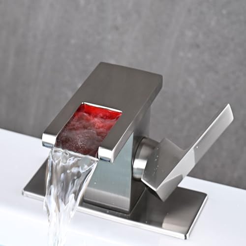 AVSIILE LED Bathroom Sink Faucet, Brushed Nickel Waterfall Single Hole Handle Vanity Faucets for Sinks 1 Hole with Metal Pop Up Drain and 2 Water Supply Lines, Side Handle - Image 2