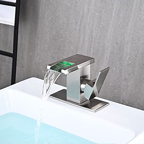 AVSIILE LED Bathroom Sink Faucet, Brushed Nickel Waterfall Single Hole Handle Vanity Faucets for Sinks 1 Hole with Metal Pop Up Drain and 2 Water Supply Lines, Side Handle - Image 3