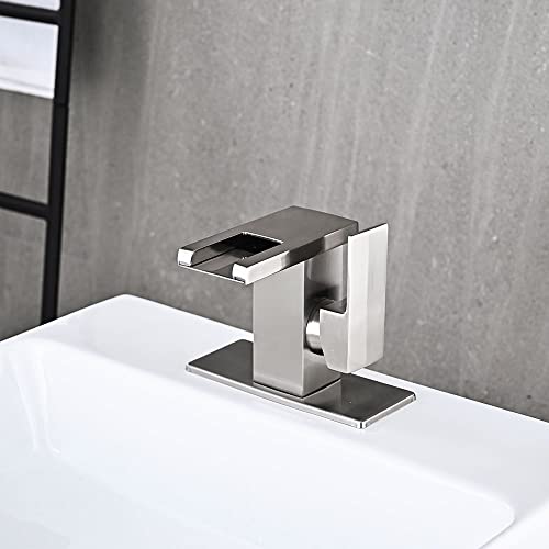 AVSIILE LED Bathroom Sink Faucet, Brushed Nickel Waterfall Single Hole Handle Vanity Faucets for Sinks 1 Hole with Metal Pop Up Drain and 2 Water Supply Lines, Side Handle - Image 5