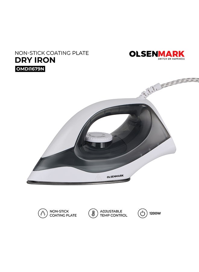 Olsenmark Dry Iron, Non-Stick Coating Plate, Light Weight, Adjustable Temperature, Pilot Light Indicator, Overheat Protection, 1200 W Omdi1679N White/Black - Image 4
