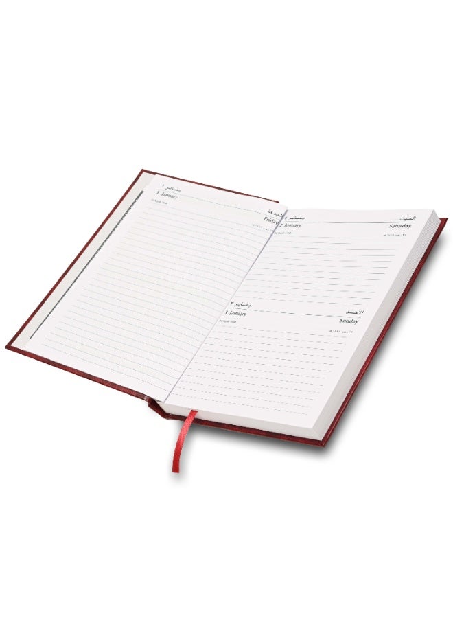 FIS 2027 A5 Diary, 148x210mm Size, Hard Cover Vinyl, 1 Day a Page Format, Saturday and Sunday Combined, English/Arabic, 60gsm White Paper, Maroon Cover-FSDI90AE27MR - Image 4