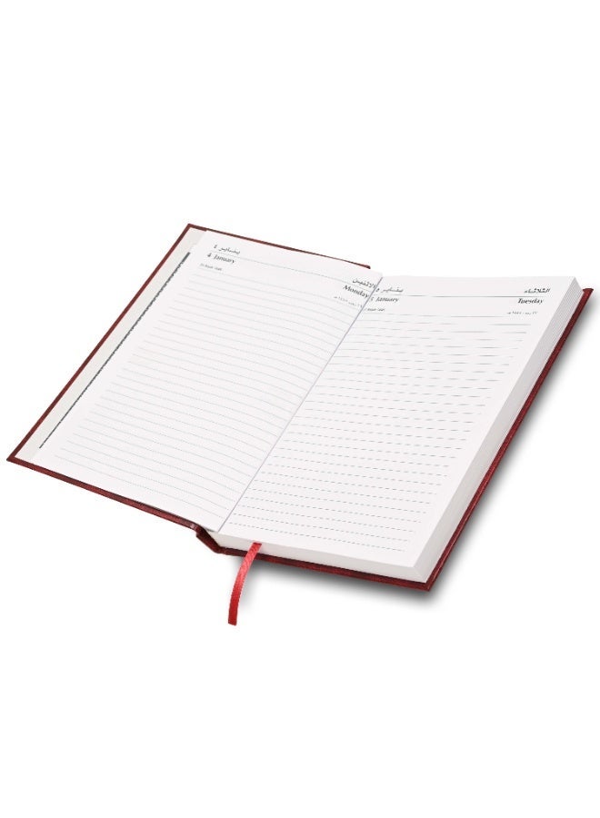 FIS 2027 A5 Diary, 148x210mm Size, Hard Cover Vinyl, 1 Day a Page Format, Saturday and Sunday Combined, English/Arabic, 60gsm White Paper, Maroon Cover-FSDI90AE27MR - Image 2