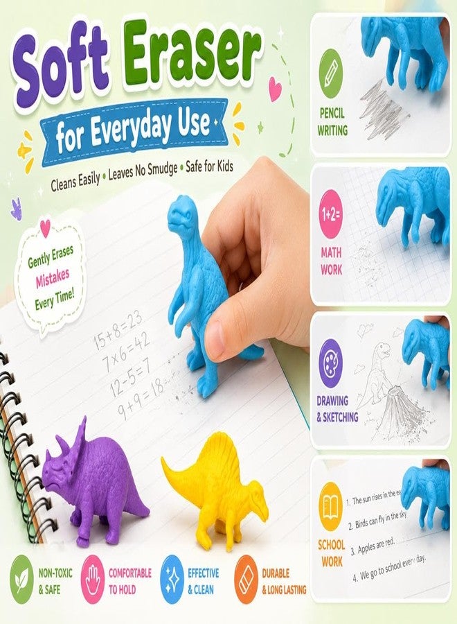 Nubby Dotss Dino Eraser Dinosaur Shape Erasers, Pack of 3, Soft, Non-Toxic, for School, Gifts & Party Favours - Image 3