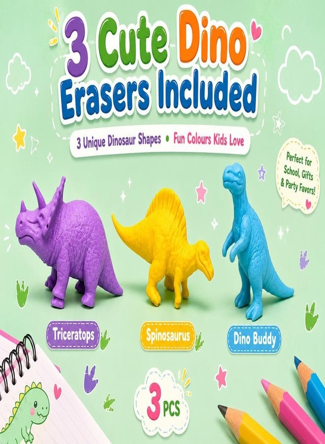 Nubby Dotss Dino Eraser Dinosaur Shape Erasers, Pack of 3, Soft, Non-Toxic, for School, Gifts & Party Favours - Image 2